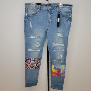 *NWOT* Fashion Nova Men's Light Blue Distressed Skinny Jeans - Tie-Dye Patches